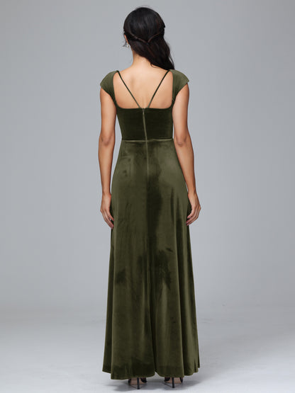 Cap Sleeves Velvet Plus Size Bridesmaid Dress With Slit