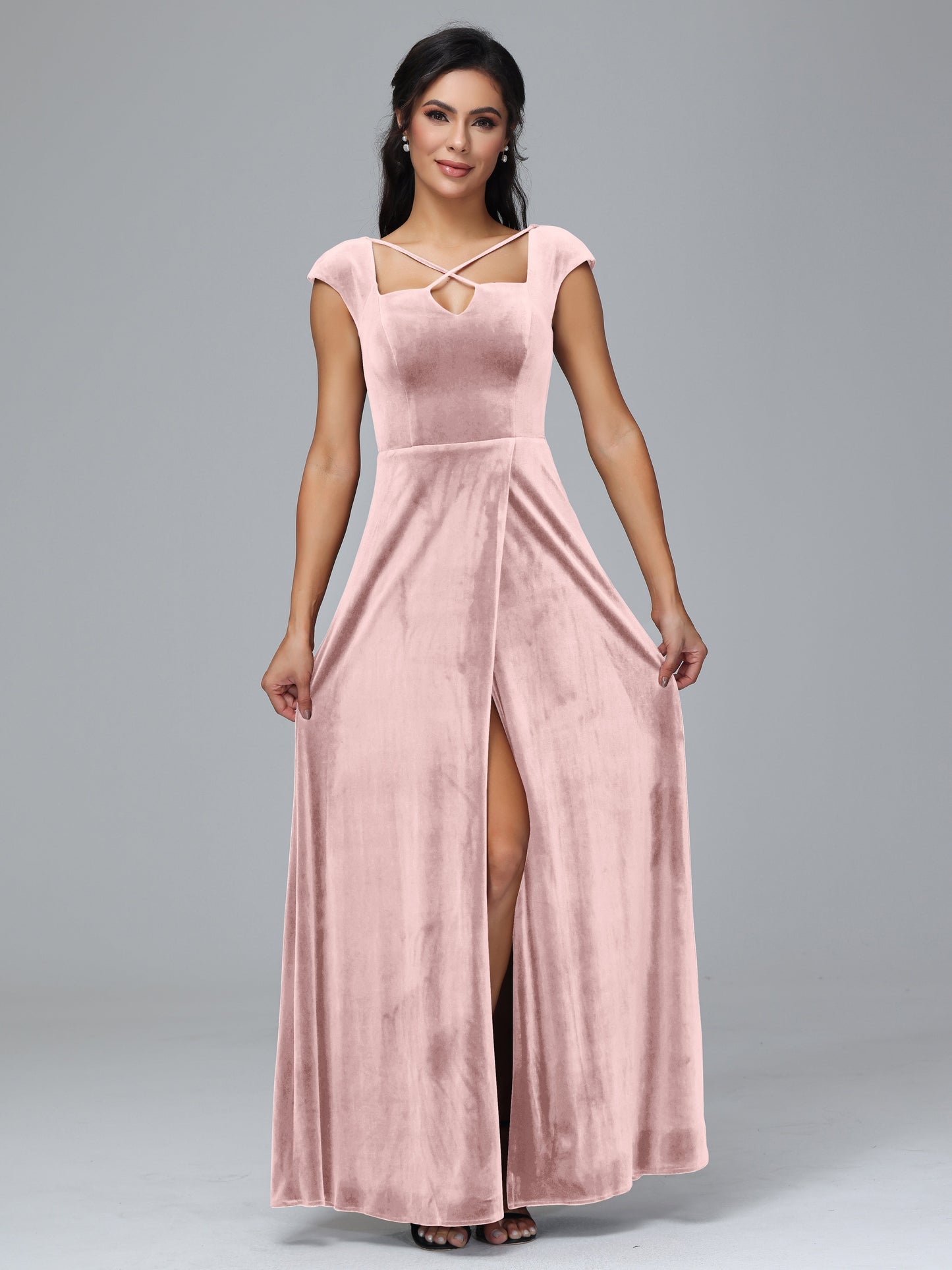 Cap Sleeves Velvet Plus Size Bridesmaid Dress With Slit