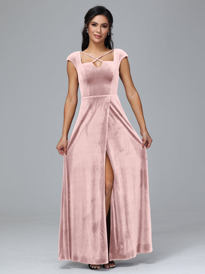 Cap Sleeves Velvet Plus Size Bridesmaid Dress With Slit