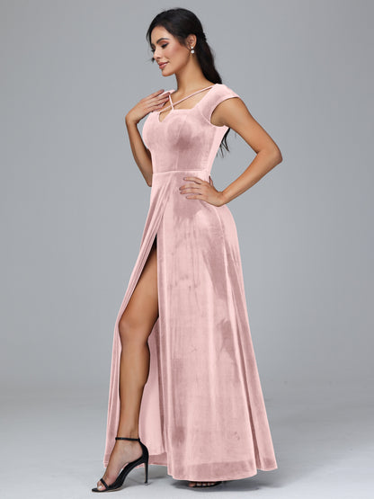 Cap Sleeves Velvet Plus Size Bridesmaid Dress With Slit