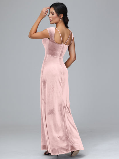 Cap Sleeves Velvet Plus Size Bridesmaid Dress With Slit