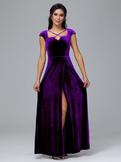 Cap Sleeves Velvet Plus Size Bridesmaid Dress With Slit