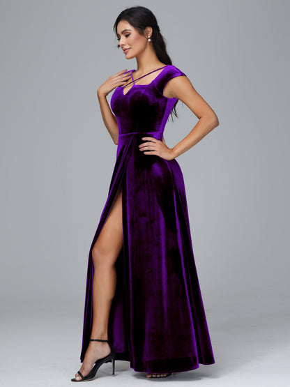 Cap Sleeves Velvet Plus Size Bridesmaid Dress With Slit
