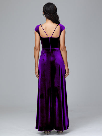 Cap Sleeves Velvet Plus Size Bridesmaid Dress With Slit
