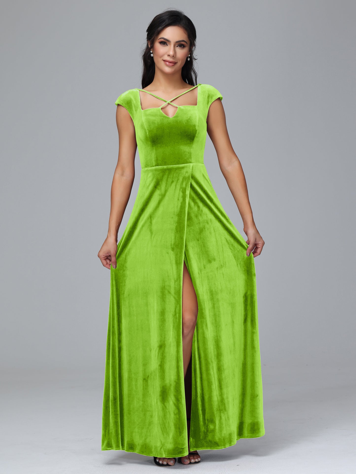 Cap Sleeves Velvet Plus Size Bridesmaid Dress With Slit