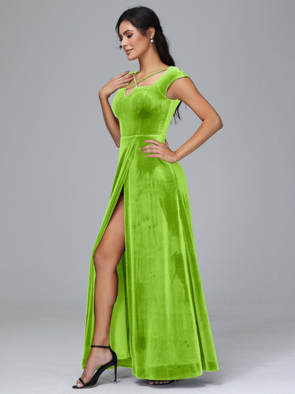 Cap Sleeves Velvet Plus Size Bridesmaid Dress With Slit