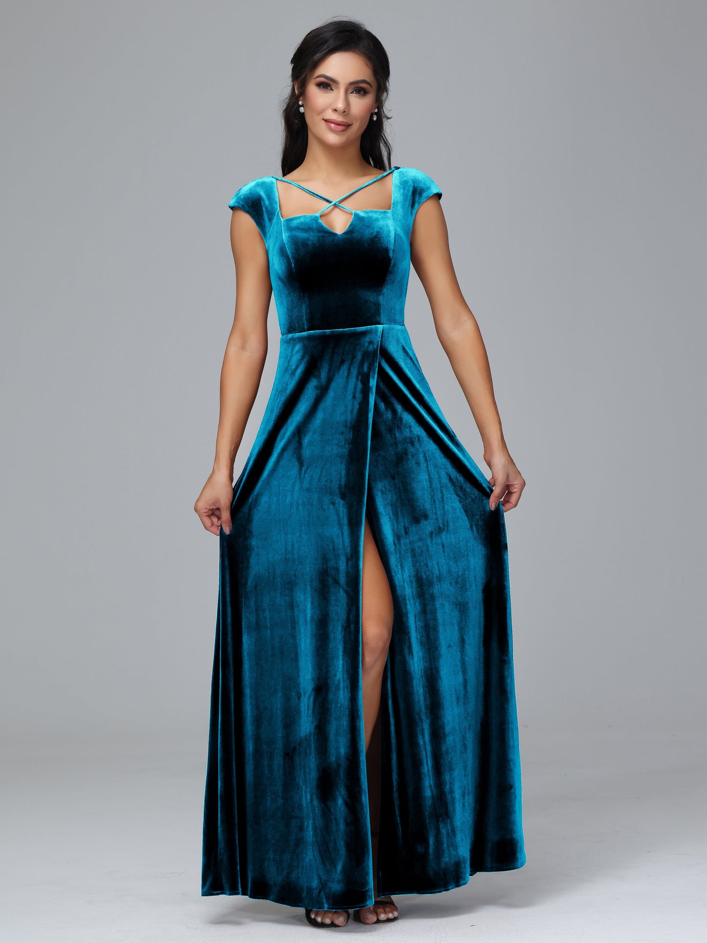 Cap Sleeves Velvet Plus Size Bridesmaid Dress With Slit
