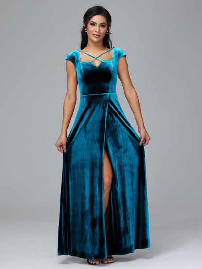 Cap Sleeves Velvet Plus Size Bridesmaid Dress With Slit