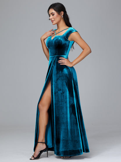 Cap Sleeves Velvet Plus Size Bridesmaid Dress With Slit