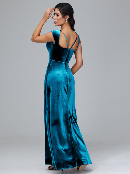 Cap Sleeves Velvet Plus Size Bridesmaid Dress With Slit