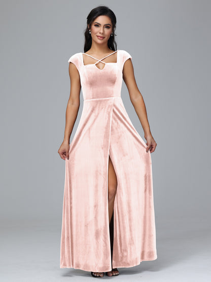 Cap Sleeves Velvet Plus Size Bridesmaid Dress With Slit
