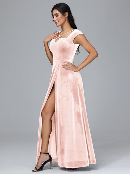 Cap Sleeves Velvet Plus Size Bridesmaid Dress With Slit