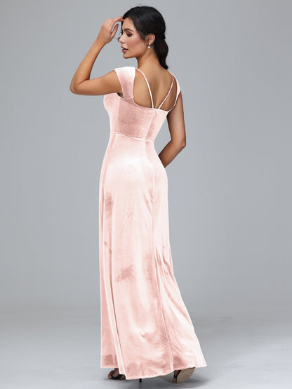 Cap Sleeves Velvet Plus Size Bridesmaid Dress With Slit