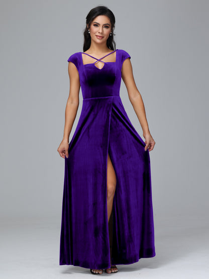 Cap Sleeves Velvet Plus Size Bridesmaid Dress With Slit