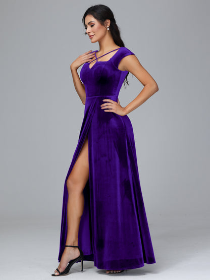 Cap Sleeves Velvet Plus Size Bridesmaid Dress With Slit