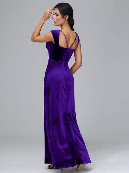 Cap Sleeves Velvet Plus Size Bridesmaid Dress With Slit