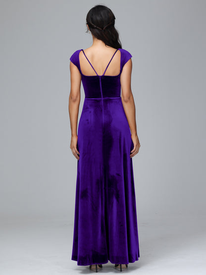 Cap Sleeves Velvet Plus Size Bridesmaid Dress With Slit
