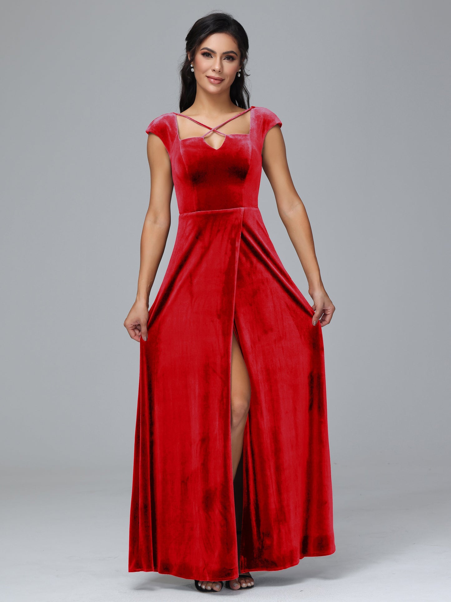 Cap Sleeves Velvet Plus Size Bridesmaid Dress With Slit