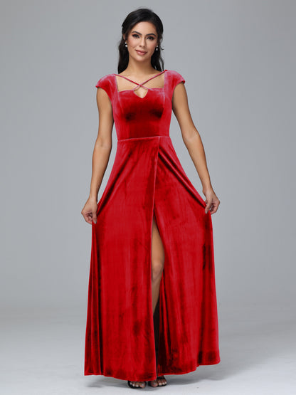 Cap Sleeves Velvet Plus Size Bridesmaid Dress With Slit