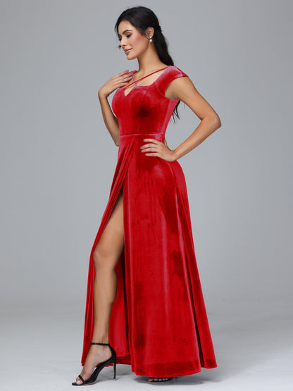 Cap Sleeves Velvet Plus Size Bridesmaid Dress With Slit