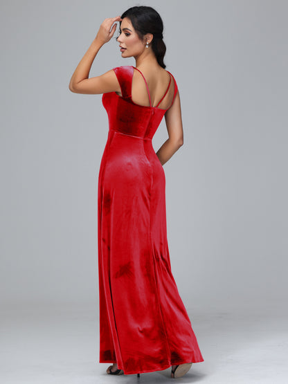 Cap Sleeves Velvet Plus Size Bridesmaid Dress With Slit