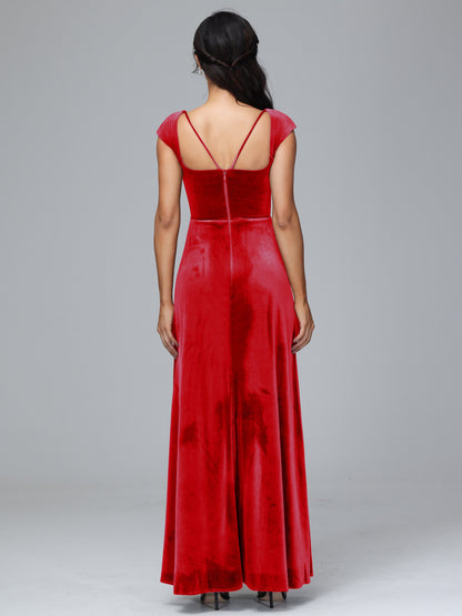 Cap Sleeves Velvet Plus Size Bridesmaid Dress With Slit
