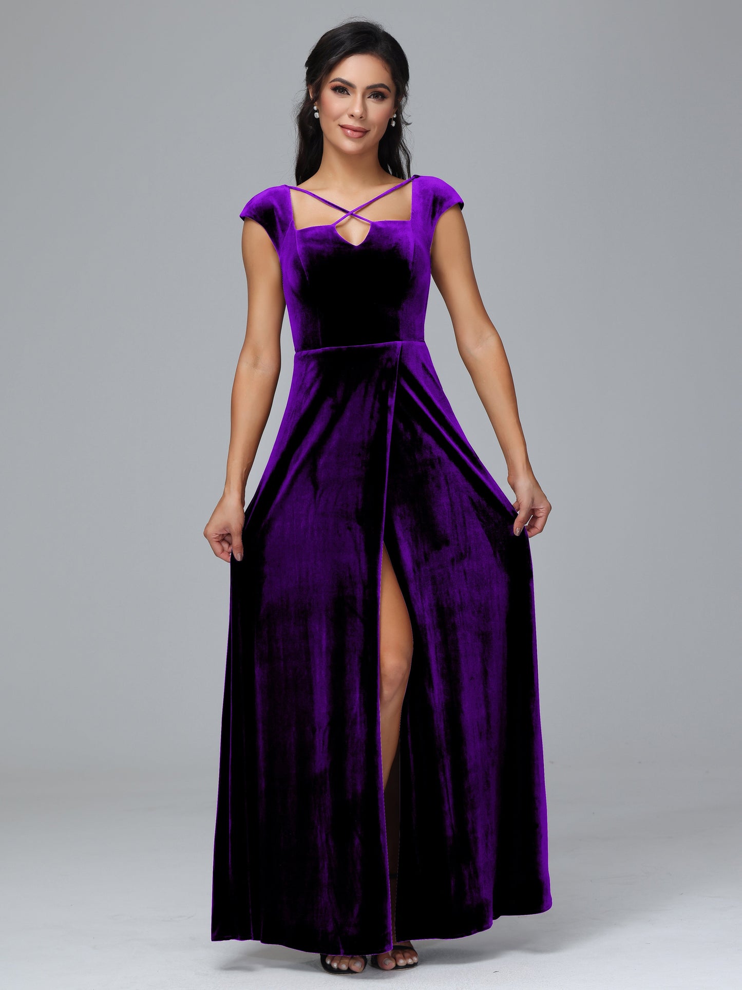 Cap Sleeves Velvet Plus Size Bridesmaid Dress With Slit