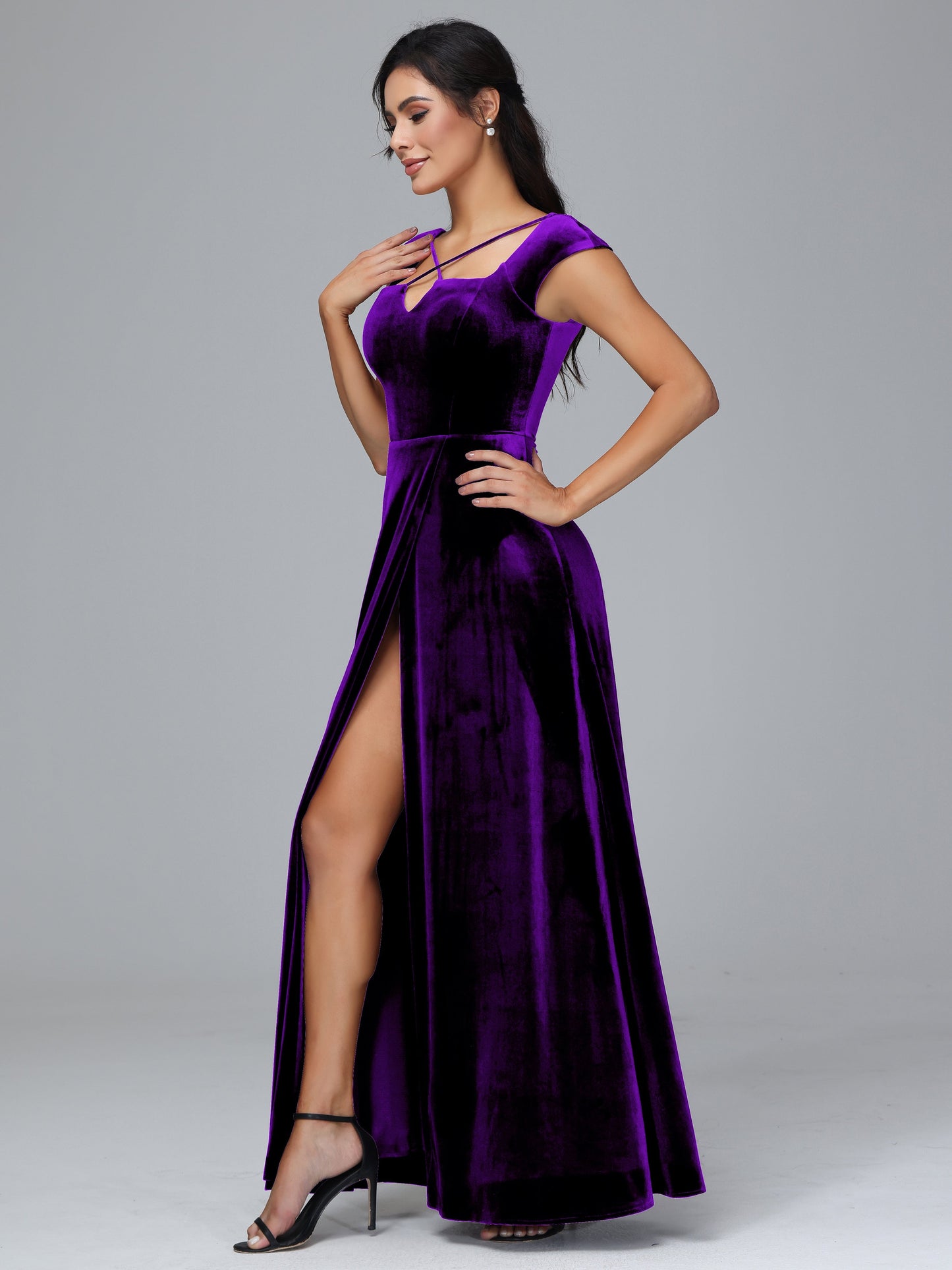 Cap Sleeves Velvet Plus Size Bridesmaid Dress With Slit