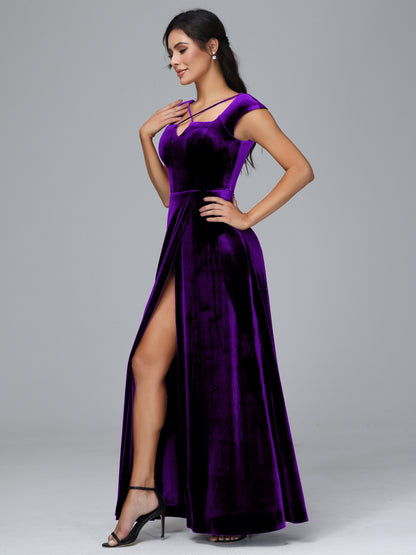 Cap Sleeves Velvet Plus Size Bridesmaid Dress With Slit