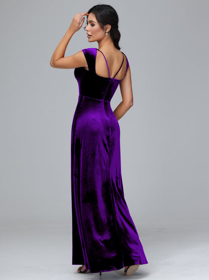 Cap Sleeves Velvet Plus Size Bridesmaid Dress With Slit