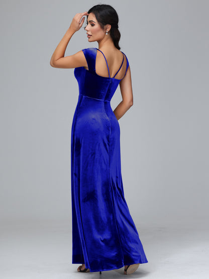 Cap Sleeves Velvet Plus Size Bridesmaid Dress With Slit