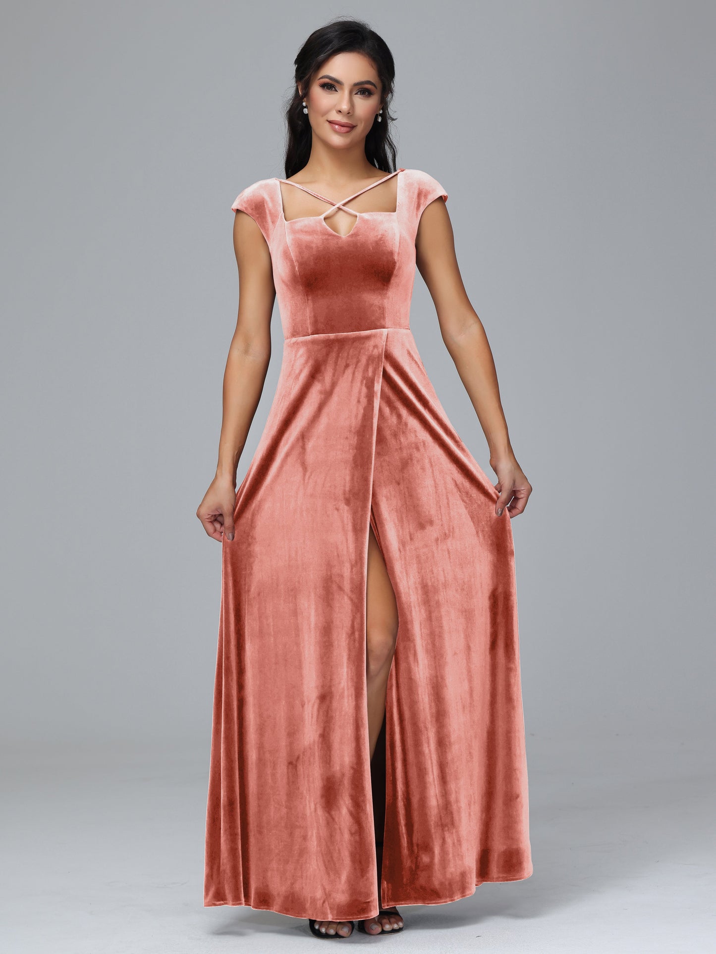 Cap Sleeves Velvet Plus Size Bridesmaid Dress With Slit