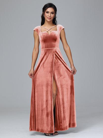Cap Sleeves Velvet Plus Size Bridesmaid Dress With Slit