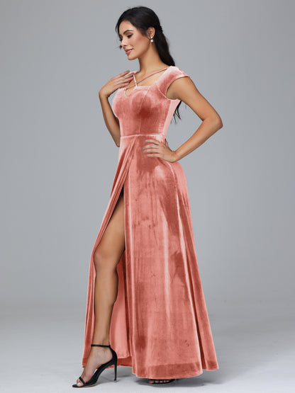 Cap Sleeves Velvet Plus Size Bridesmaid Dress With Slit