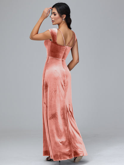 Cap Sleeves Velvet Plus Size Bridesmaid Dress With Slit