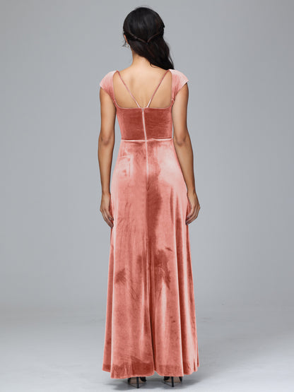 Cap Sleeves Velvet Plus Size Bridesmaid Dress With Slit