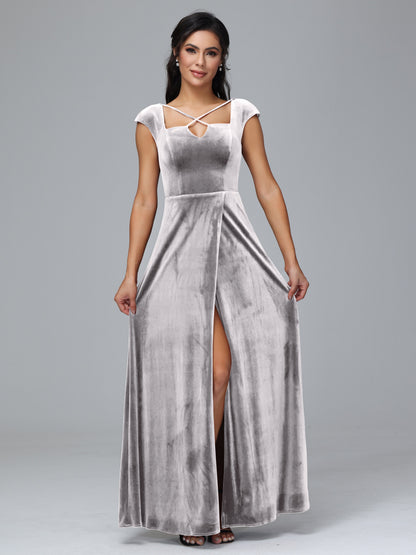 Cap Sleeves Velvet Plus Size Bridesmaid Dress With Slit