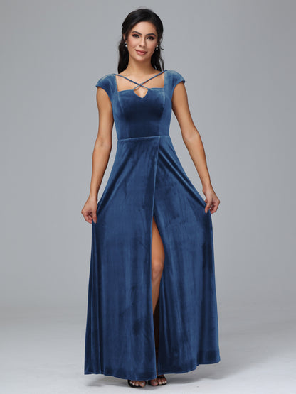 Cap Sleeves Velvet Plus Size Bridesmaid Dress With Slit