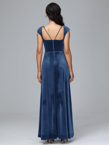 Cap Sleeves Velvet Plus Size Bridesmaid Dress With Slit
