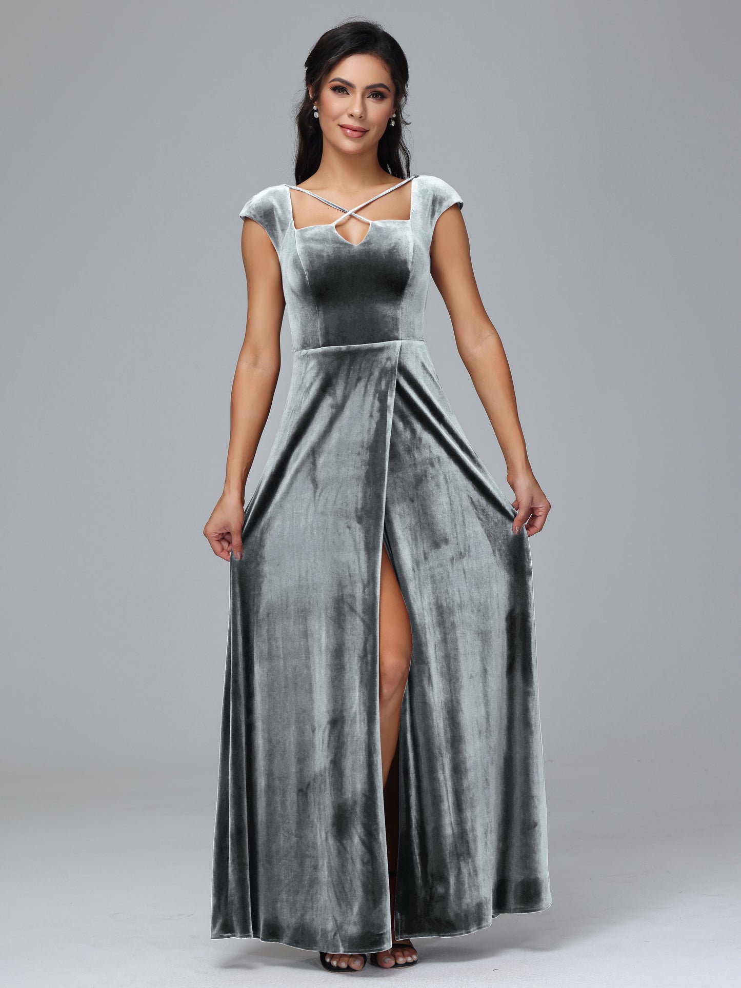 Cap Sleeves Velvet Plus Size Bridesmaid Dress With Slit