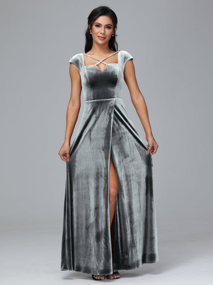 Cap Sleeves Velvet Plus Size Bridesmaid Dress With Slit