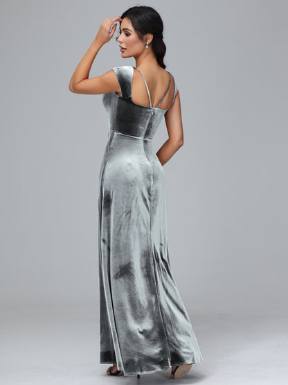 Cap Sleeves Velvet Plus Size Bridesmaid Dress With Slit