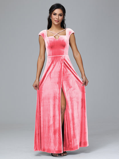 Cap Sleeves Velvet Plus Size Bridesmaid Dress With Slit