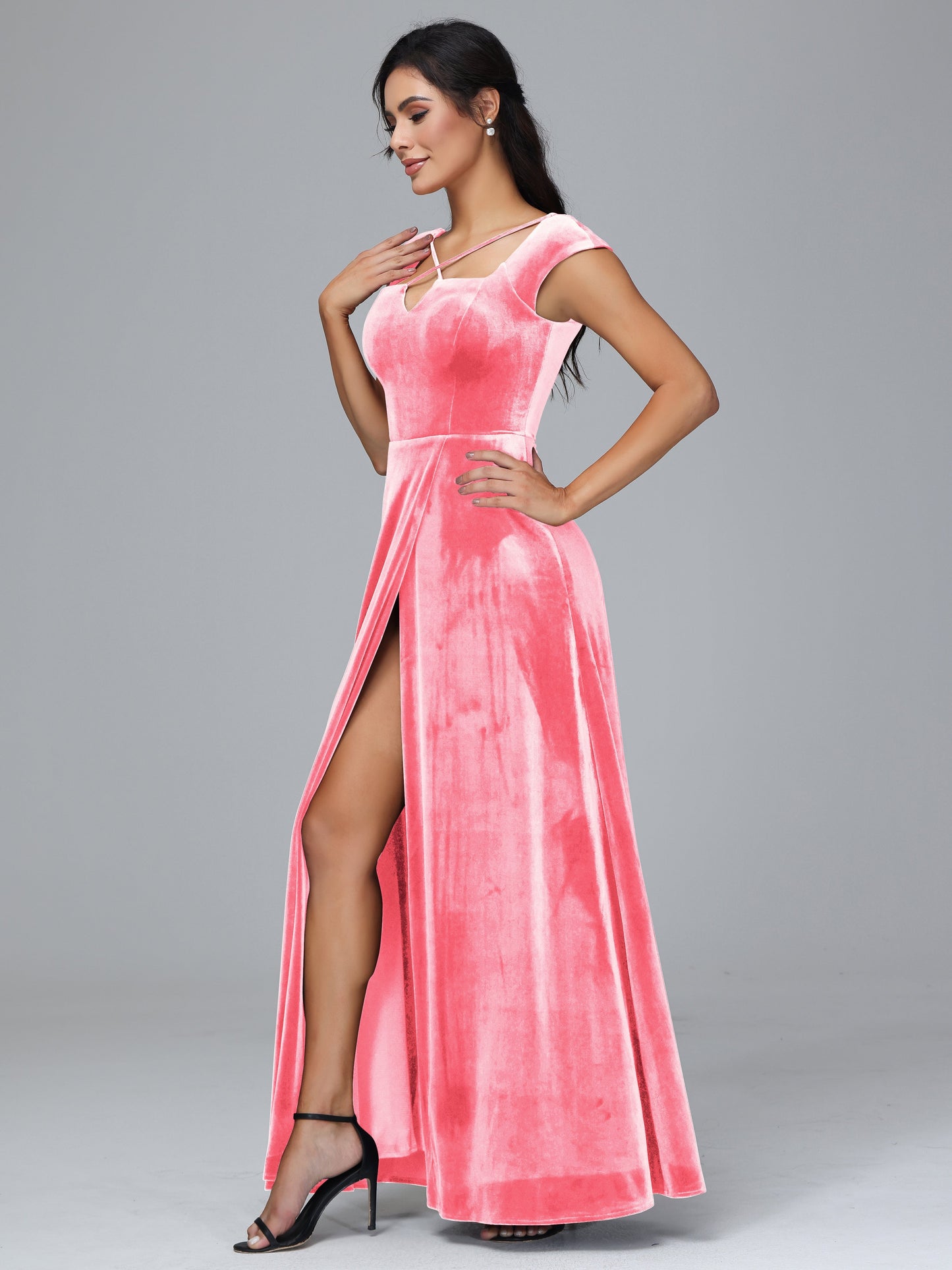 Cap Sleeves Velvet Plus Size Bridesmaid Dress With Slit