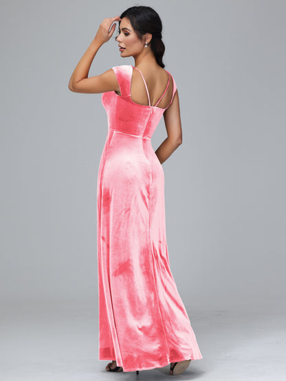 Cap Sleeves Velvet Plus Size Bridesmaid Dress With Slit