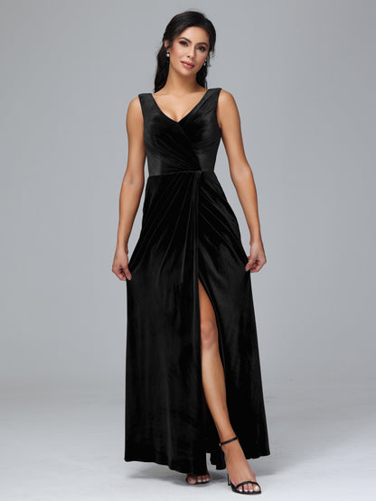 V Neck Velvet Bridesmaid Dress With Slit