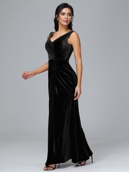 V Neck Velvet Bridesmaid Dress With Slit