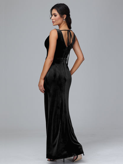 V Neck Velvet Bridesmaid Dress With Slit