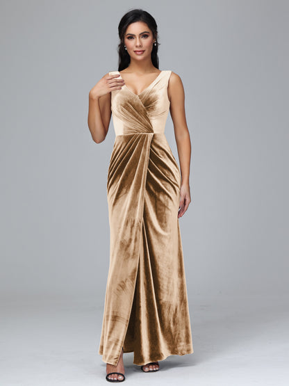 V Neck Velvet Bridesmaid Dress With Slit