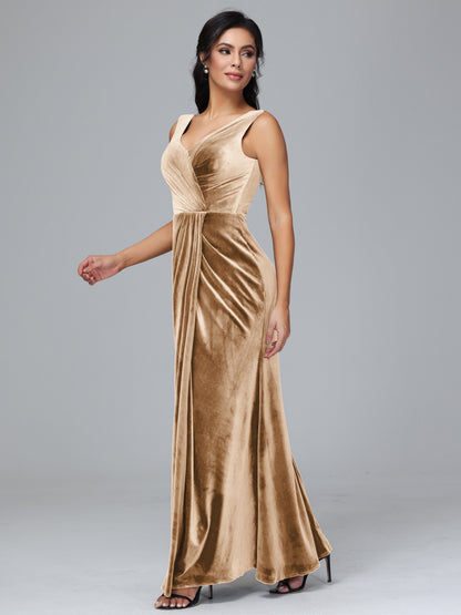 V Neck Velvet Bridesmaid Dress With Slit